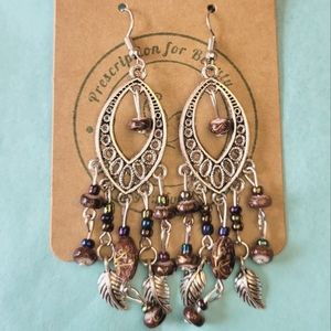 Long silver boho earrings with brown beads